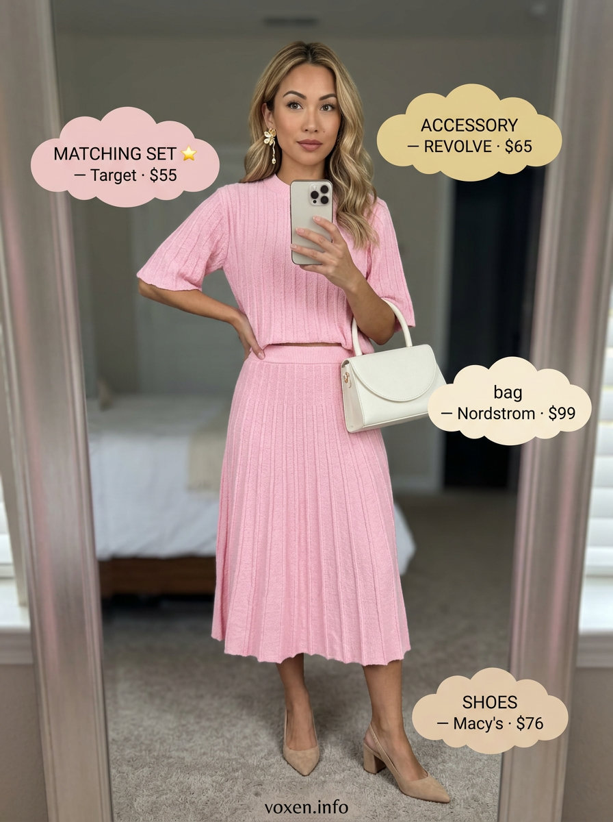 Summer Outfits for Women 2026: Chic Knit Set Summer outfits for women with golden skin tone 2026: Blush pink knit set, nude heels, gold earrings for a chic brunch.
