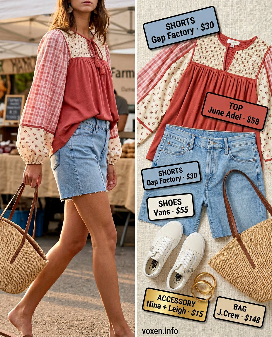 Summer Outfits for Women 2026: Denim Shorts & Blouse Summer outfits for women with golden skin tone 2026: Denim shorts, coral peasant blouse, straw tote for weekend market.