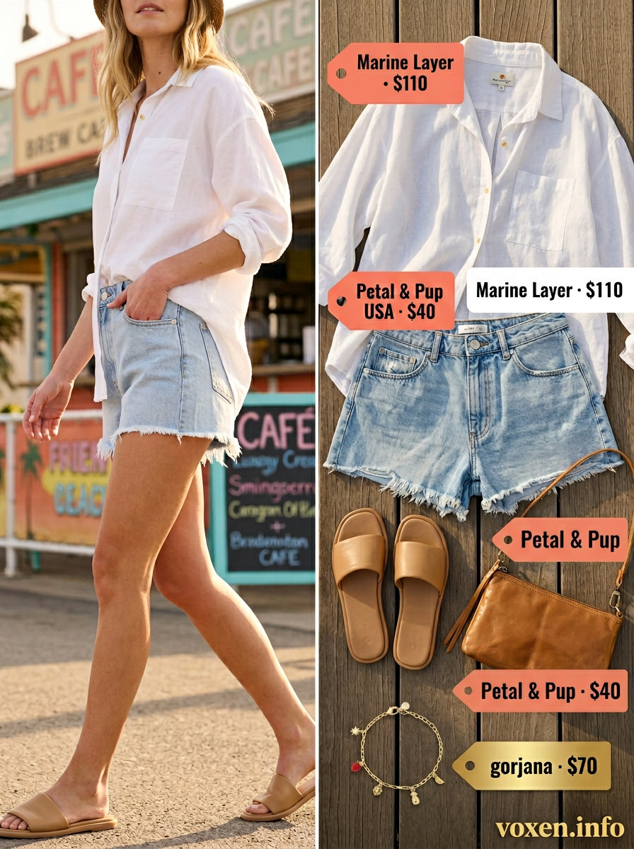 Summer Outfits for Women 2026: Denim Shorts Set Summer outfits for women with golden skin tone 2026: Denim shorts, white linen shirt, tan sandals for casual day out.
