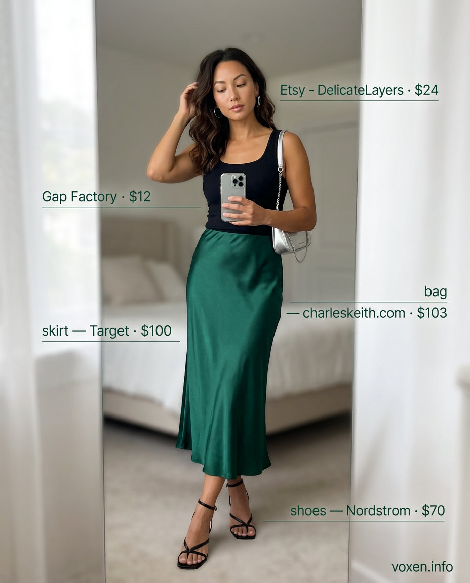 Summer Outfits for Women 2026: Emerald Satin Skirt Summer outfits for women with golden skin tone 2026: Emerald satin skirt, black top, silver heels for evening glamour.