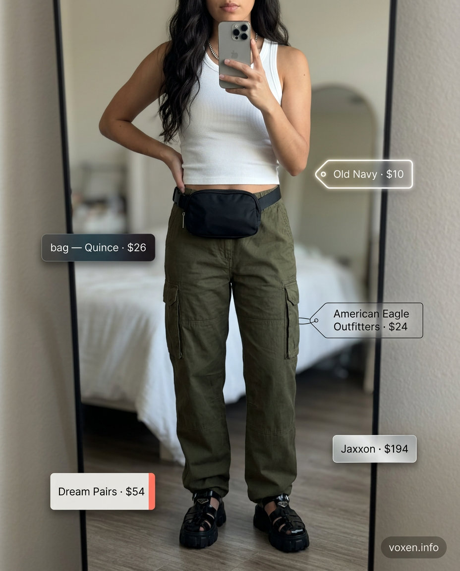 Summer Outfits for Women 2026: Olive Cargo Pants Summer outfits for women with golden skin tone 2026: Olive cargo pants, white tank, black chunky sandals for edgy style.