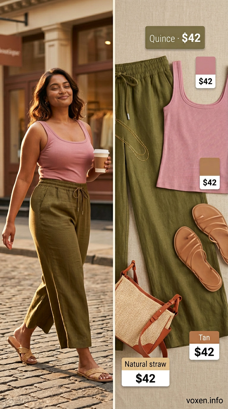 Summer Outfits for Women 2026: Linen Pants & Gold Summer outfits for women with golden skin tone 2026: Sage green linen pants, cream tank, gold necklaces for a relaxed evening.