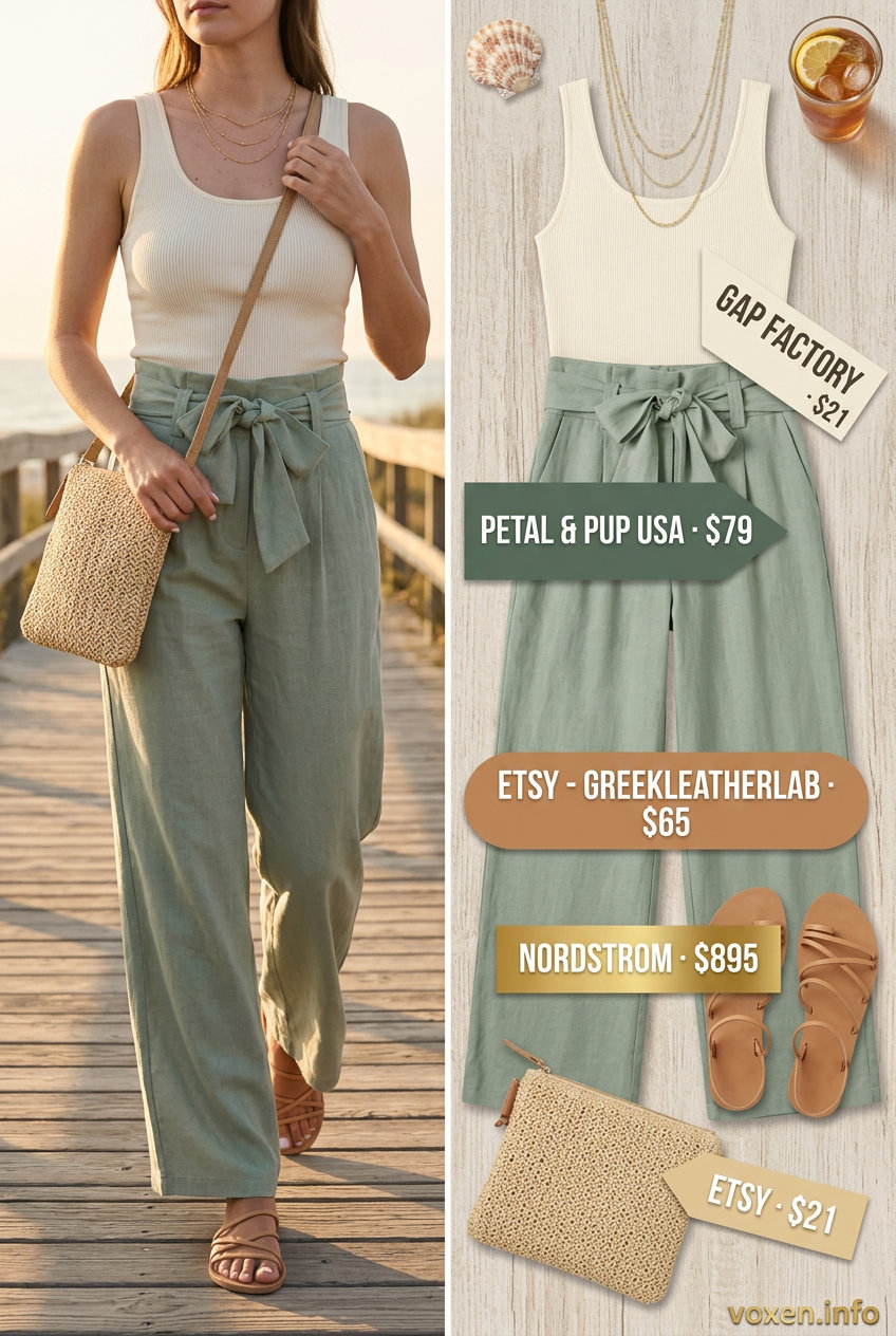 Summer Outfits for Women 2026: Coastal Linen Pants Summer outfits for women with golden skin tone 2026: Sage green linen pants, cream tank, gold necklaces for a casual evening.
