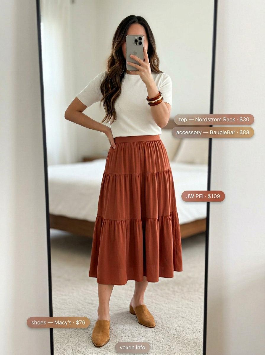 Summer Outfits for Women 2026: Terracotta Midi Skirt Summer outfits for women with golden skin tone 2026: Terracotta tiered skirt, cream top, tan mules for a casual chic look.