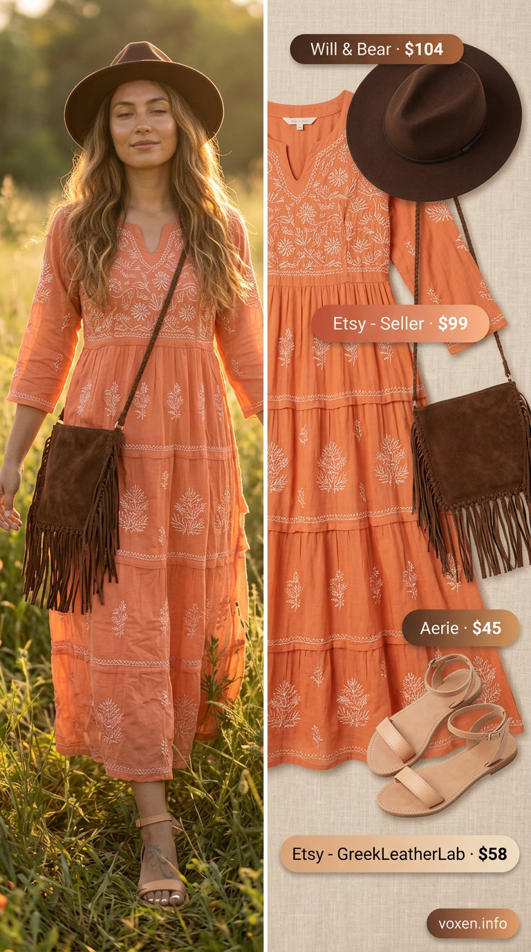 Boho Maxi Dress for Golden Skin 2026 Boho maxi dress for women with golden skin tone 2026. Terracotta dress with cream embroidery, suede bag, and wide-brimmed hat.