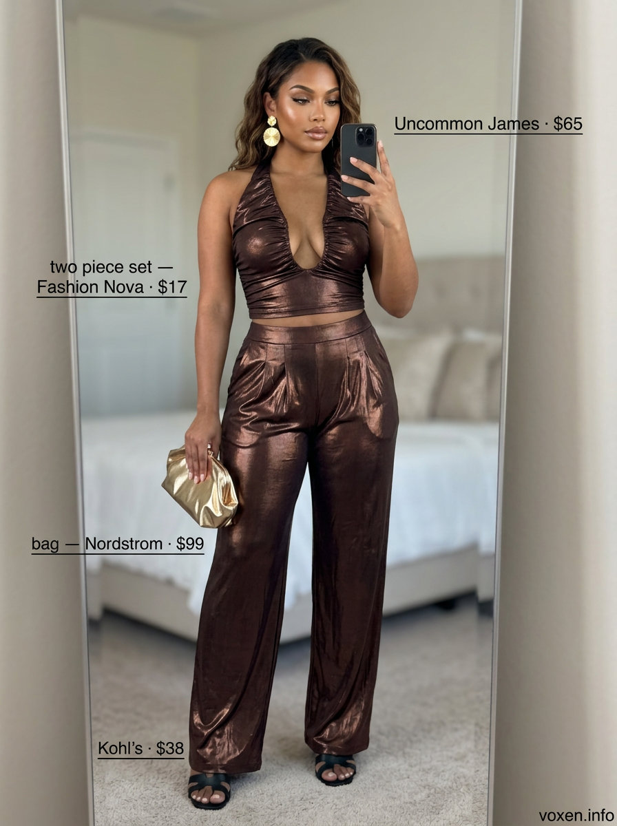 Bronze wide leg set for women with golden skin tone 2026. Glamorous vacation dinner outfit with strappy sandals and gold accessories.