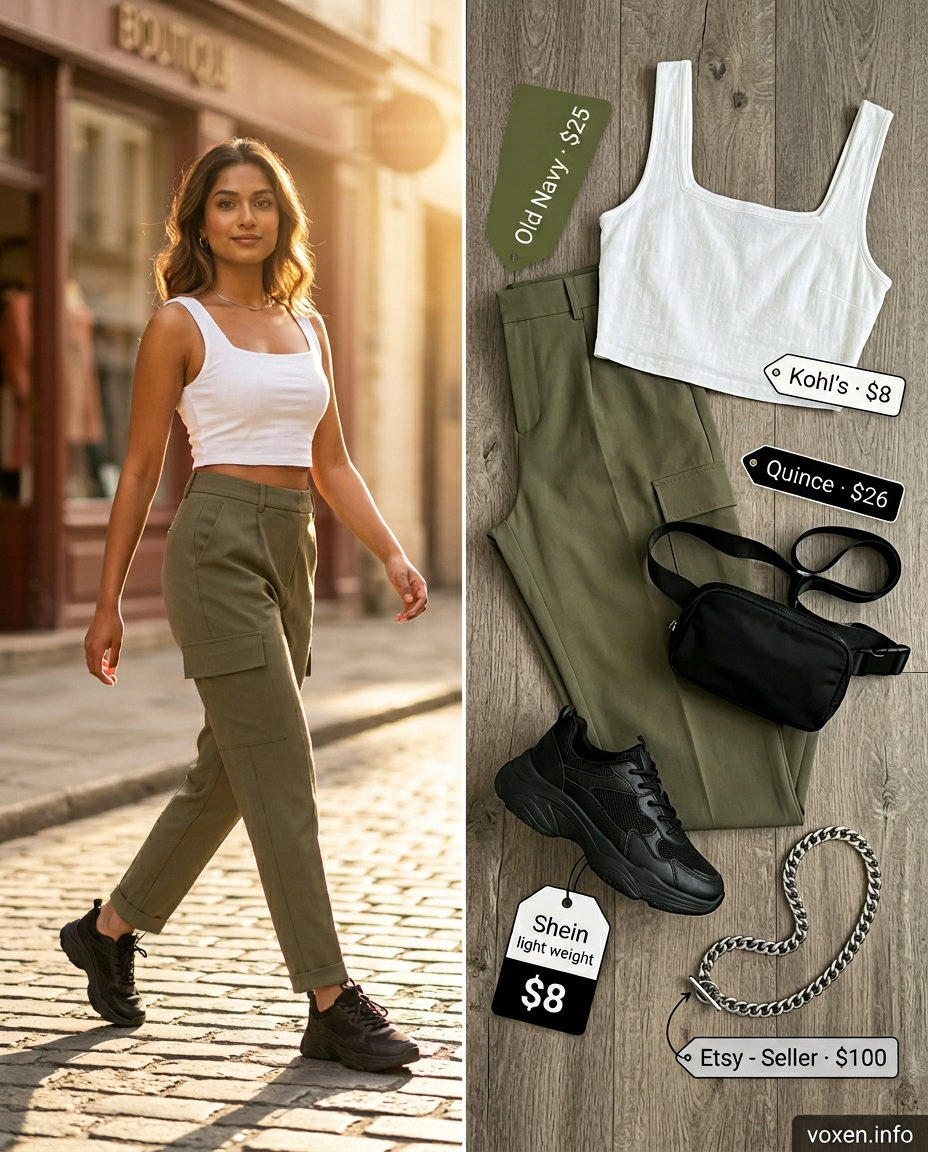 Casual Cargo Pants Outfit 2026 Olive green cargo pants outfit for women with golden skin tone 2026. Casual day out look with white crop top and sneakers.