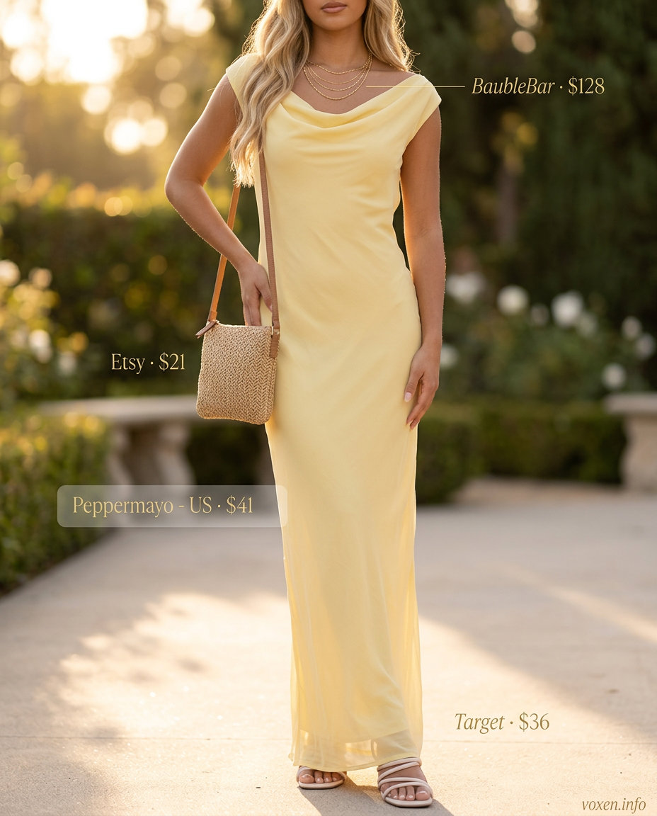 Golden Hour Maxi Dress Summer 2026 Golden yellow chiffon maxi dress for summer events. Ideal for golden skin tones 2026.
