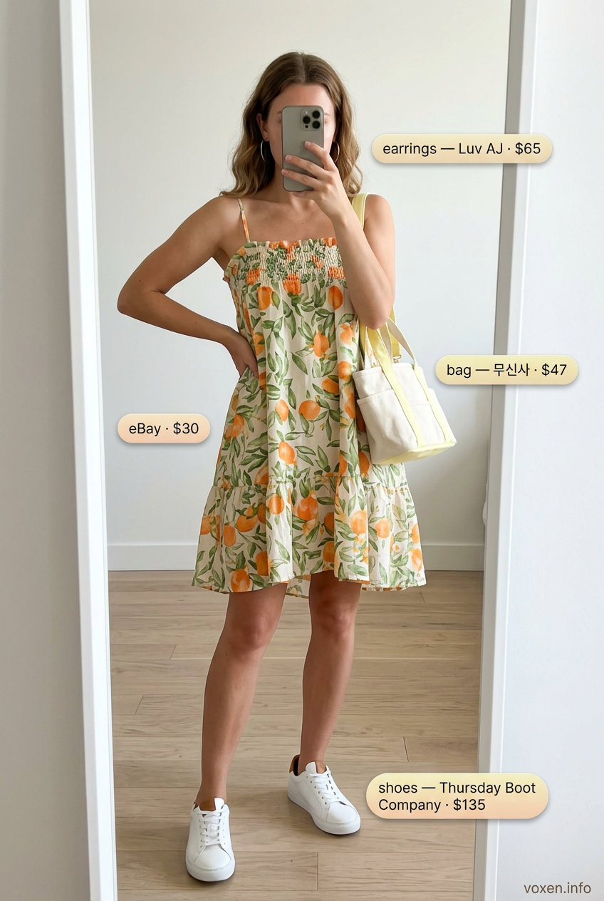 Playful Citrus Print Sundress 2026 Citrus print sundress for women with golden skin tone 2026. Playful picnic outfit with white sneakers and gold hoop earrings.