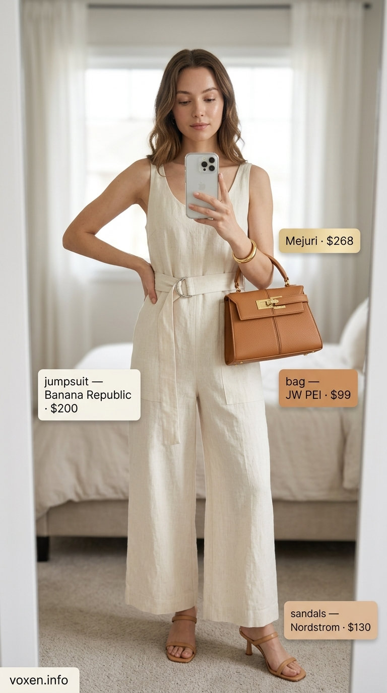 Sophisticated Linen Jumpsuit 2026 Ivory linen jumpsuit for women with golden skin tone 2026. Sophisticated vacation dinner outfit with heeled sandals and gold bracelet.
