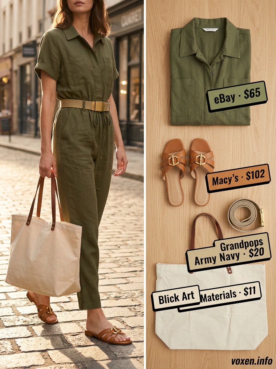 Linen Jumpsuit Casual Chic 2026 Olive green linen utility jumpsuit for daytime exploring. Great for golden skin tones 2026.