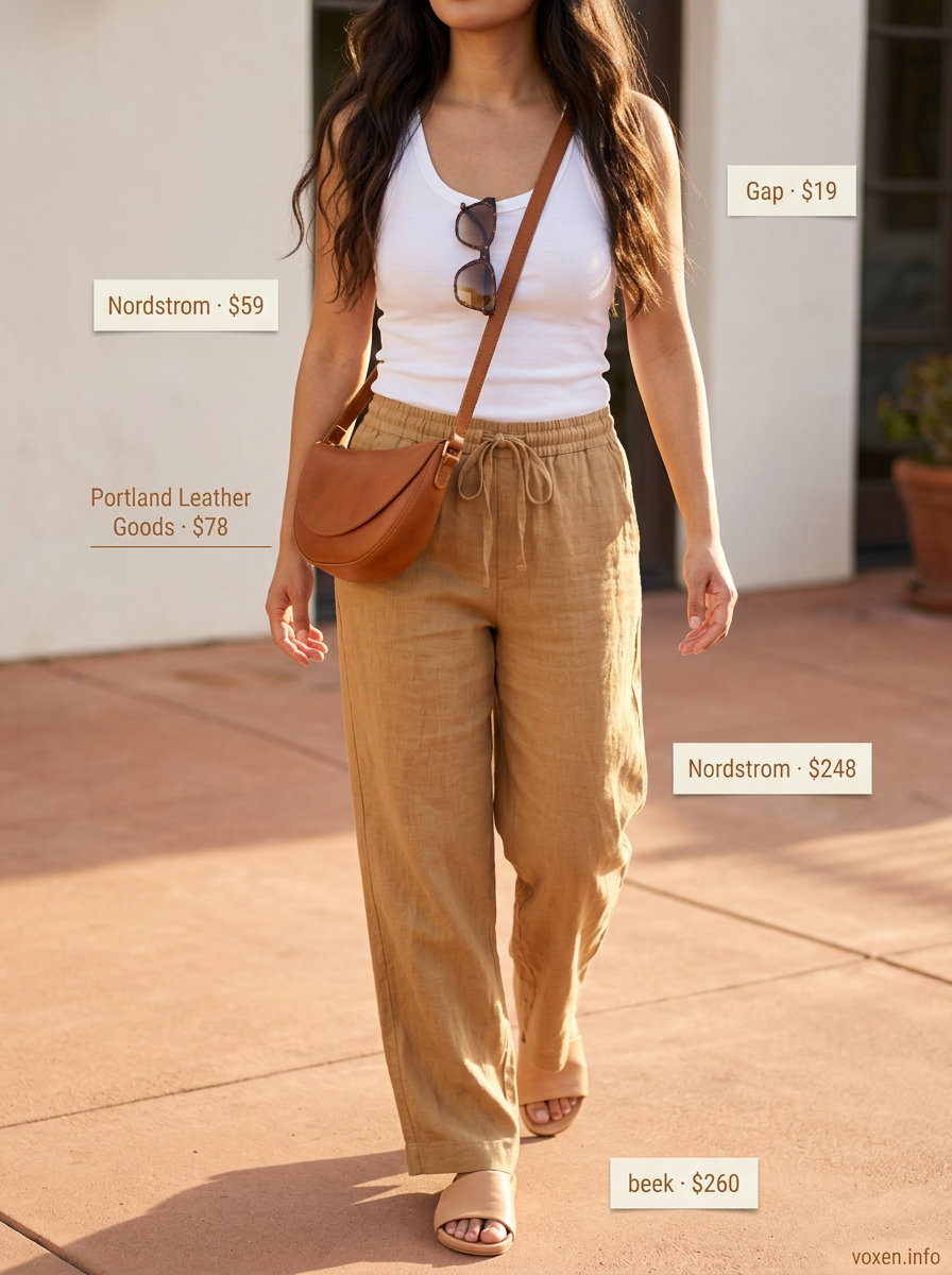 Linen Wide-Leg Pants Summer 2026 Caramel brown linen wide-leg pants outfit for casual daytime. Ideal for golden skin tones 2026.