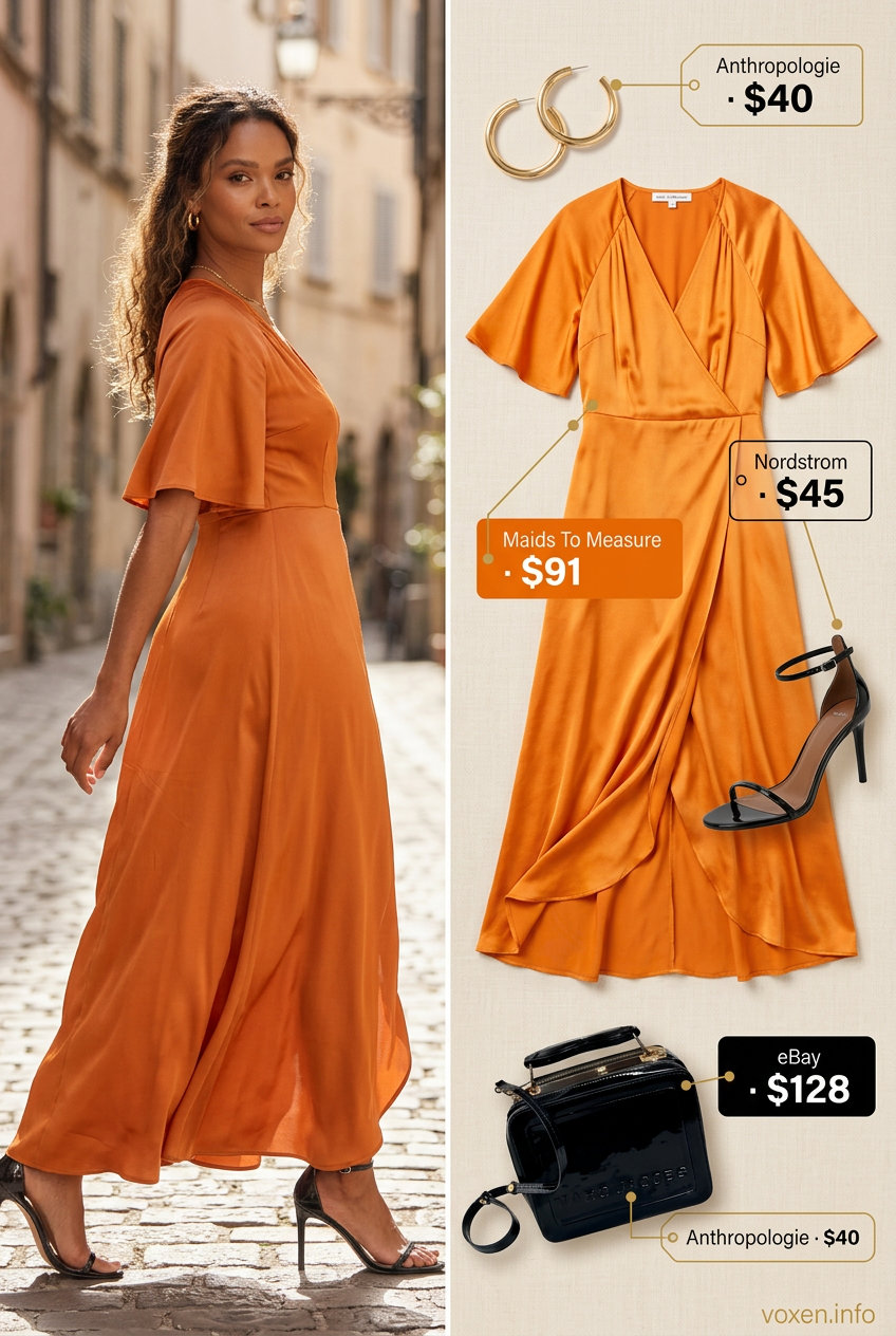 Vibrant Mango Midi Dress 2026 Mango orange midi dress for women with golden skin tone 2026. Confident date night look with strappy heels and gold hoops.
