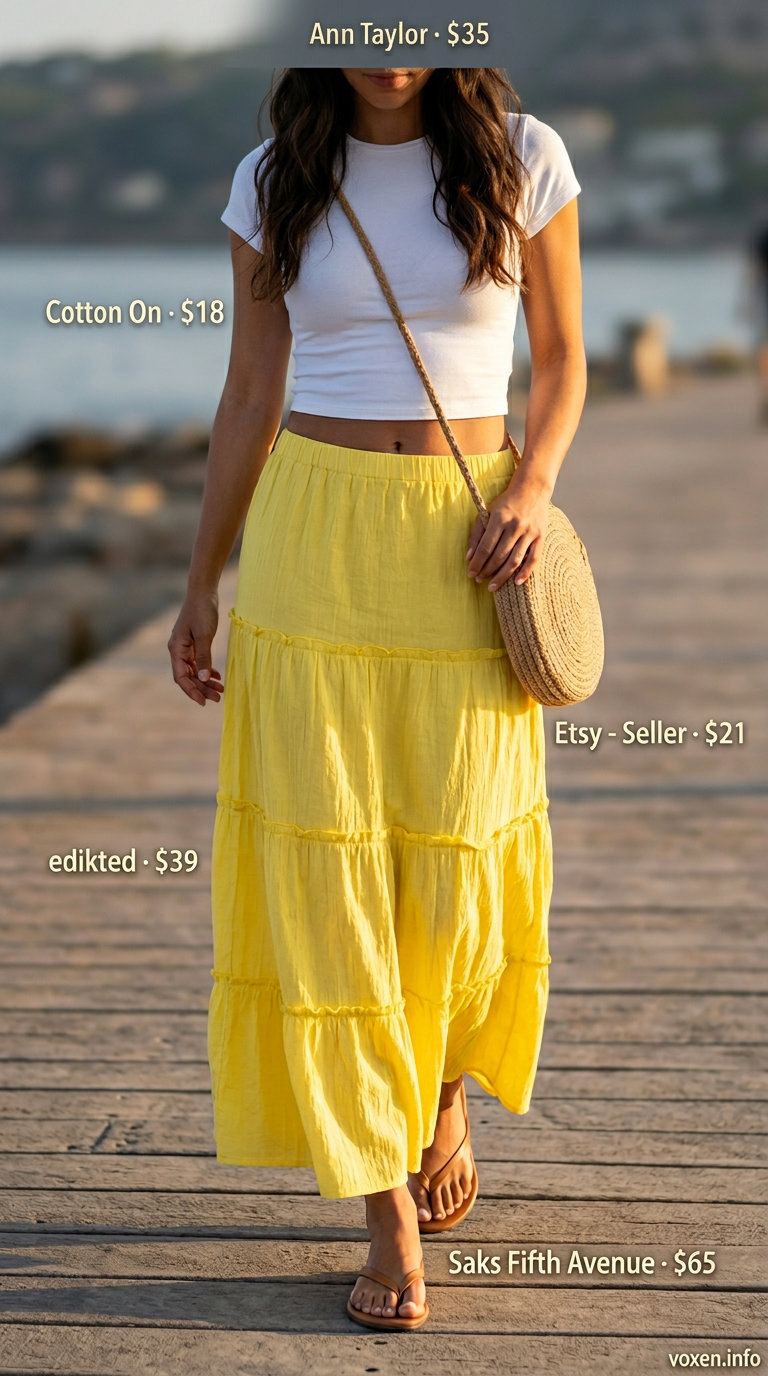 Sunny Maxi Skirt Summer Outfits 2026 Bright yellow maxi skirt outfit for vacation sightseeing. Perfect for golden skin tones 2026.