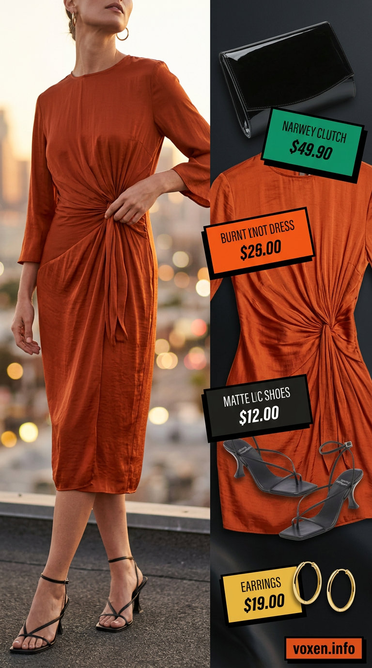 Golden Hour Midi Dress Summer 2026 Mango orange midi wrap dress for summer events. Great for golden skin tones 2026.