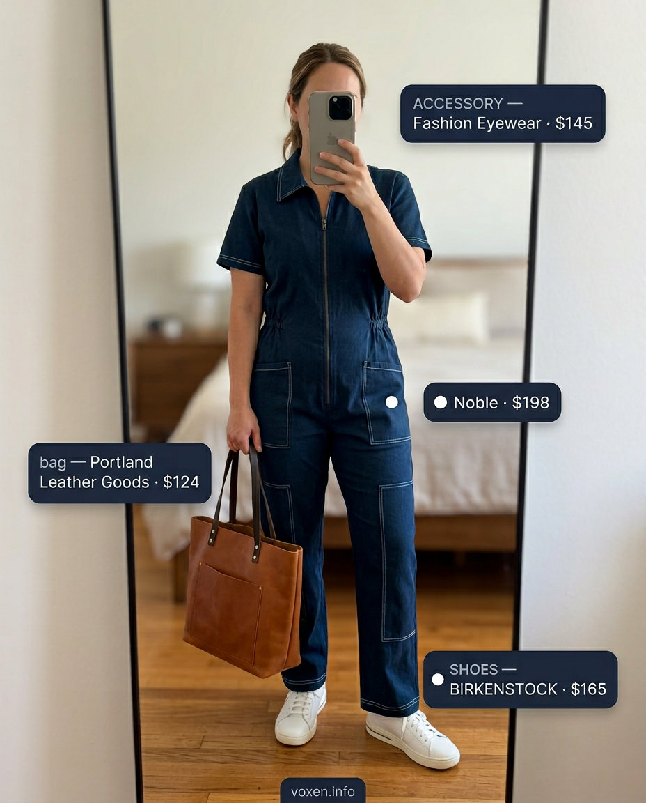 Modern Navy Utility Jumpsuit 2026 Navy utility jumpsuit for women with golden skin tone 2026. Stylish travel outfit with white sneakers and leather tote.