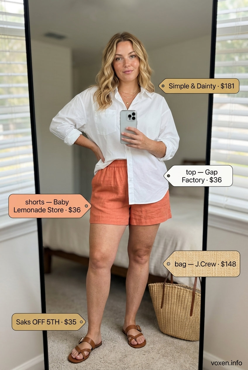 Sunset Orange Linen Shorts Outfit 2026 Sunset orange linen shorts outfit for women with golden skin tone 2026. Relaxed beachside look with white shirt and straw tote.