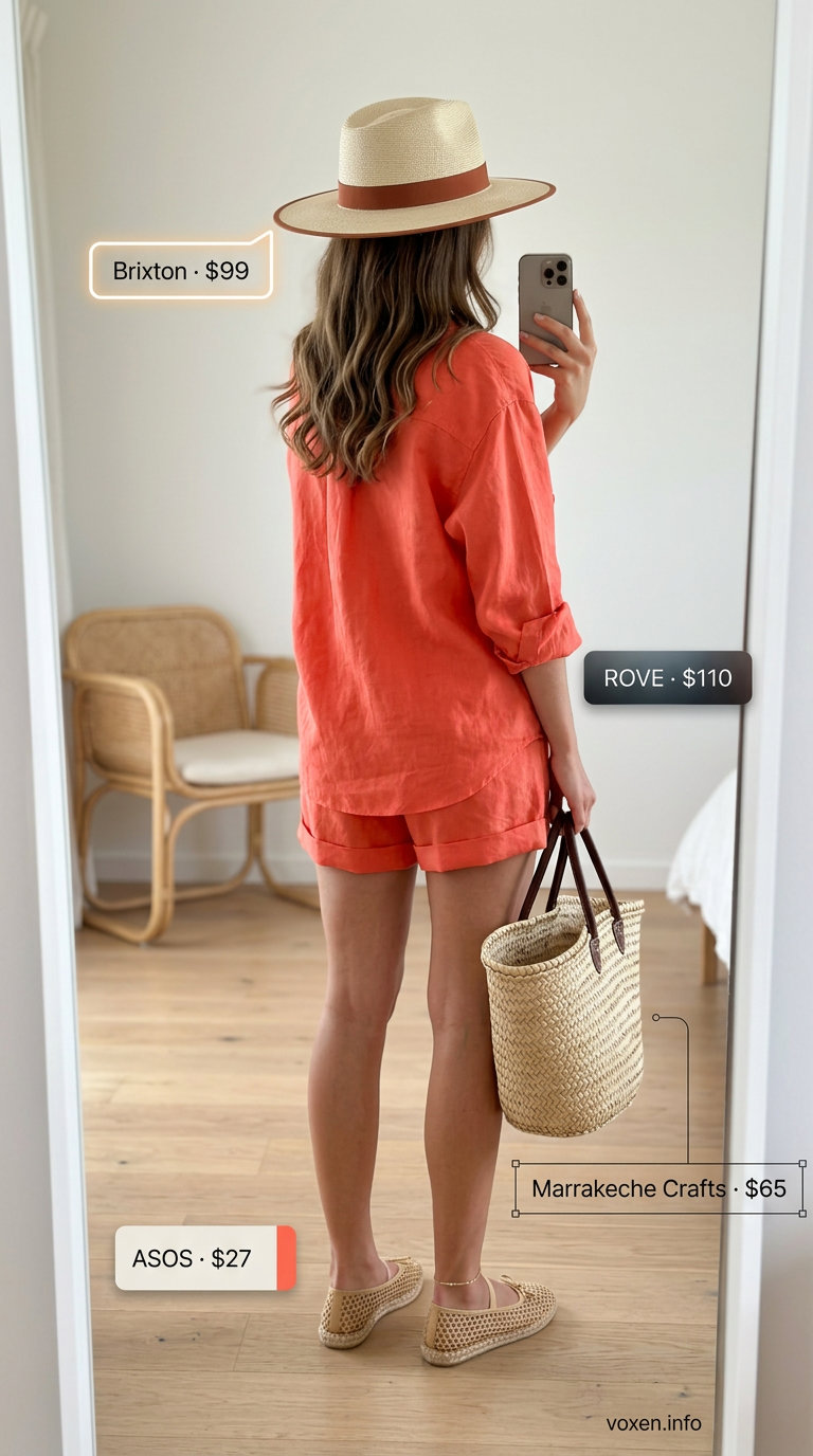 Seaside Shorts Set Summer 2026 Soft coral linen shorts set for beach days. Ideal for golden skin tones 2026.