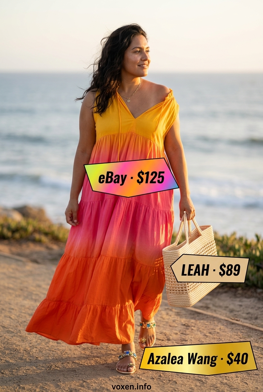 Sunset Maxi Dress Vacation Style 2026 Sunset gradient tiered maxi dress for beach dinners. Great for golden skin tones 2026.