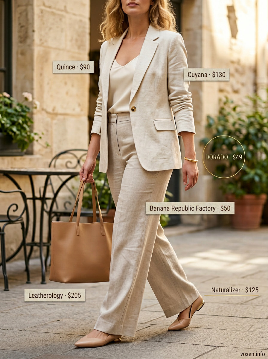 Summer outfits for women with hourglass shape 2026: Beige linen power suit for smart casual events, with silk camisole and flats.
