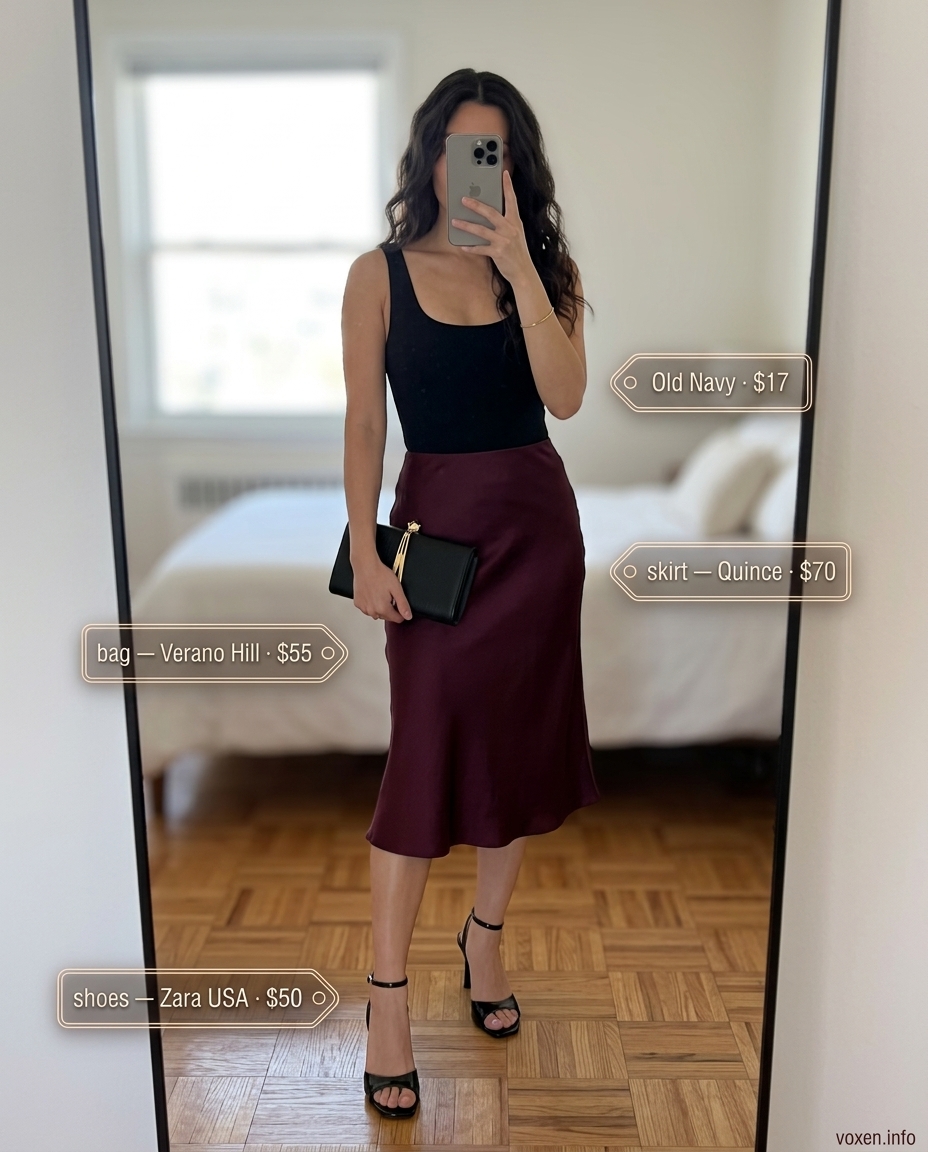 Summer outfits for women with Hourglass Shape 2026: Burgundy satin skirt, black bodysuit, strappy heels.