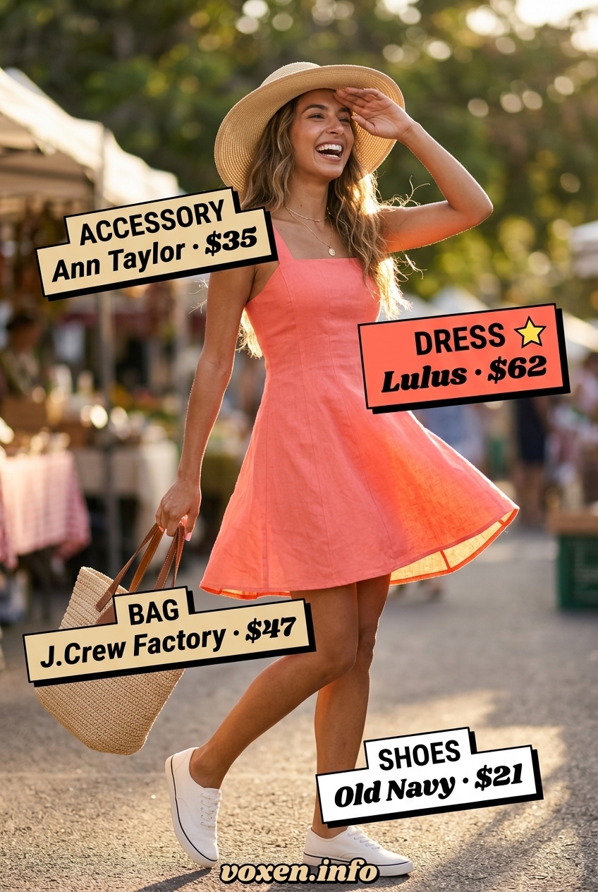 Summer outfits for women with Hourglass Shape 2026: Coral mini sundress, straw hat, white sneakers.