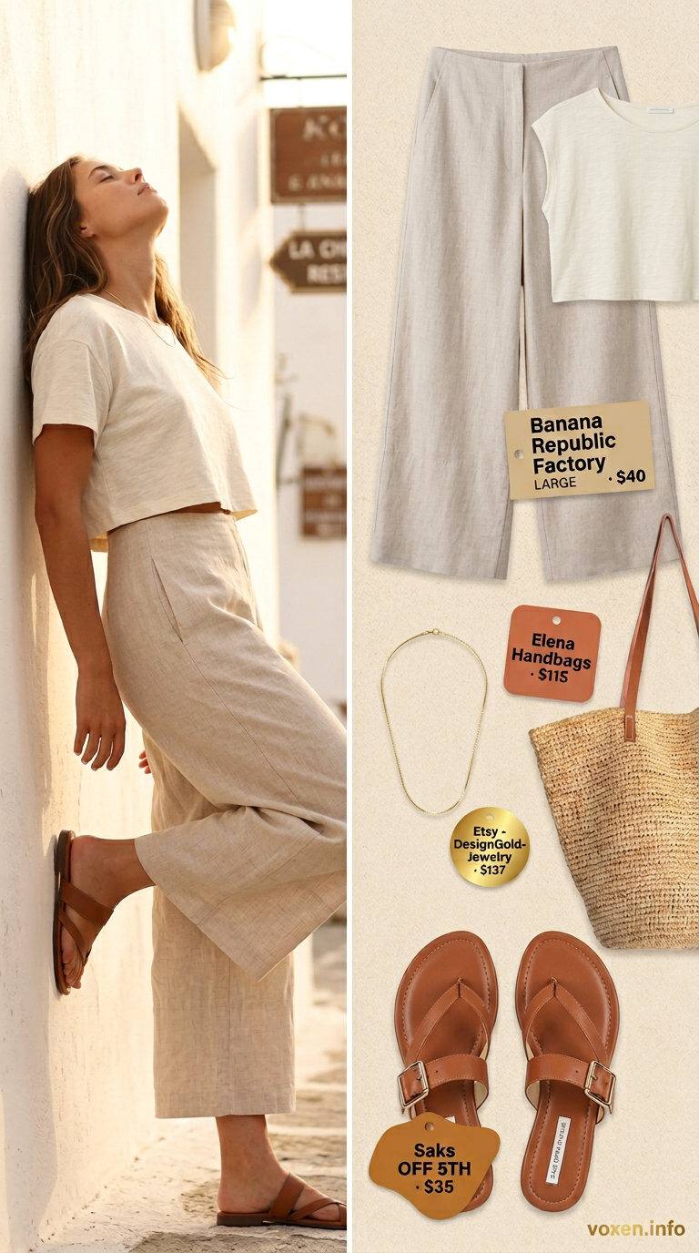Summer outfits for women with hourglass shape 2026: Ivory linen set for vacation brunch, with straw tote and leather slides.