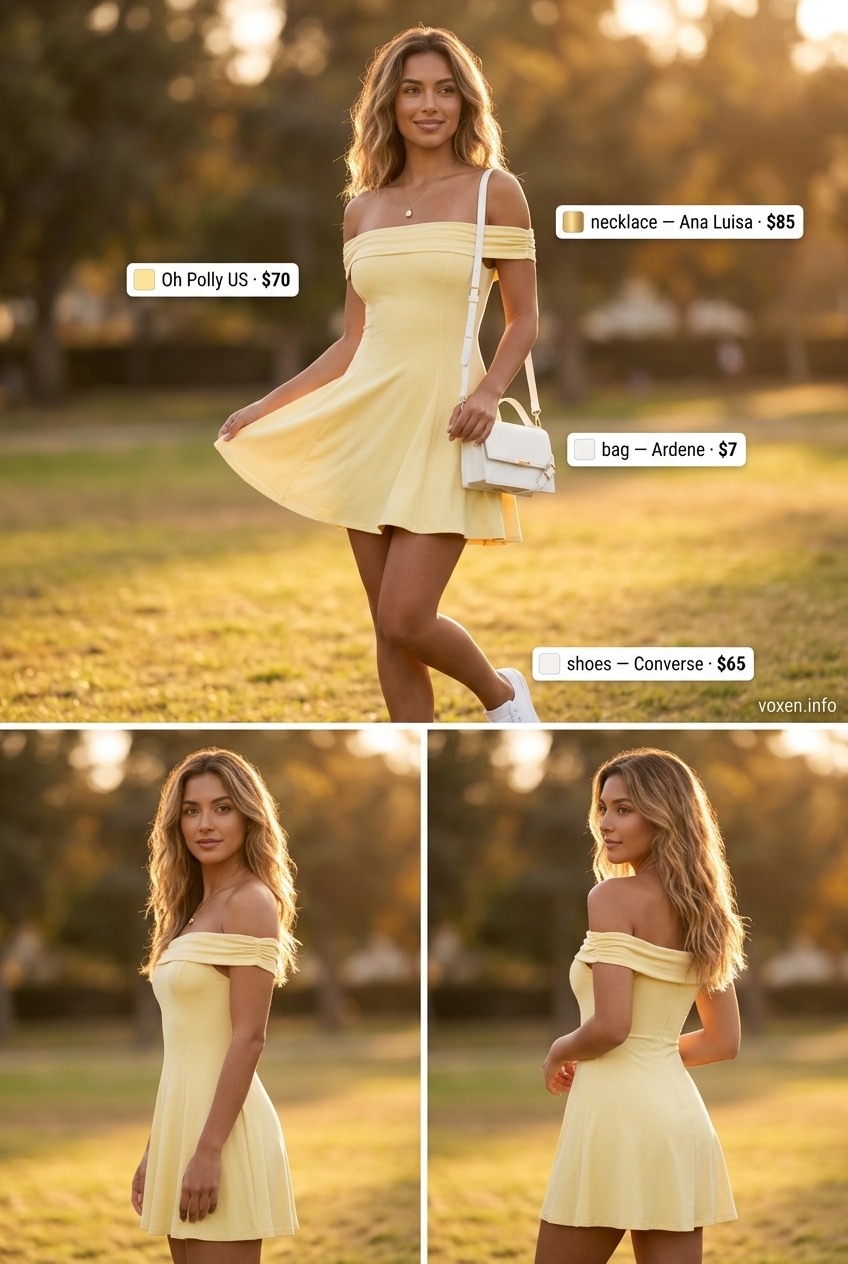 Summer outfits for women with hourglass shape 2026: Lemon yellow A-line mini dress for picnics, with white sneakers and crossbody bag.