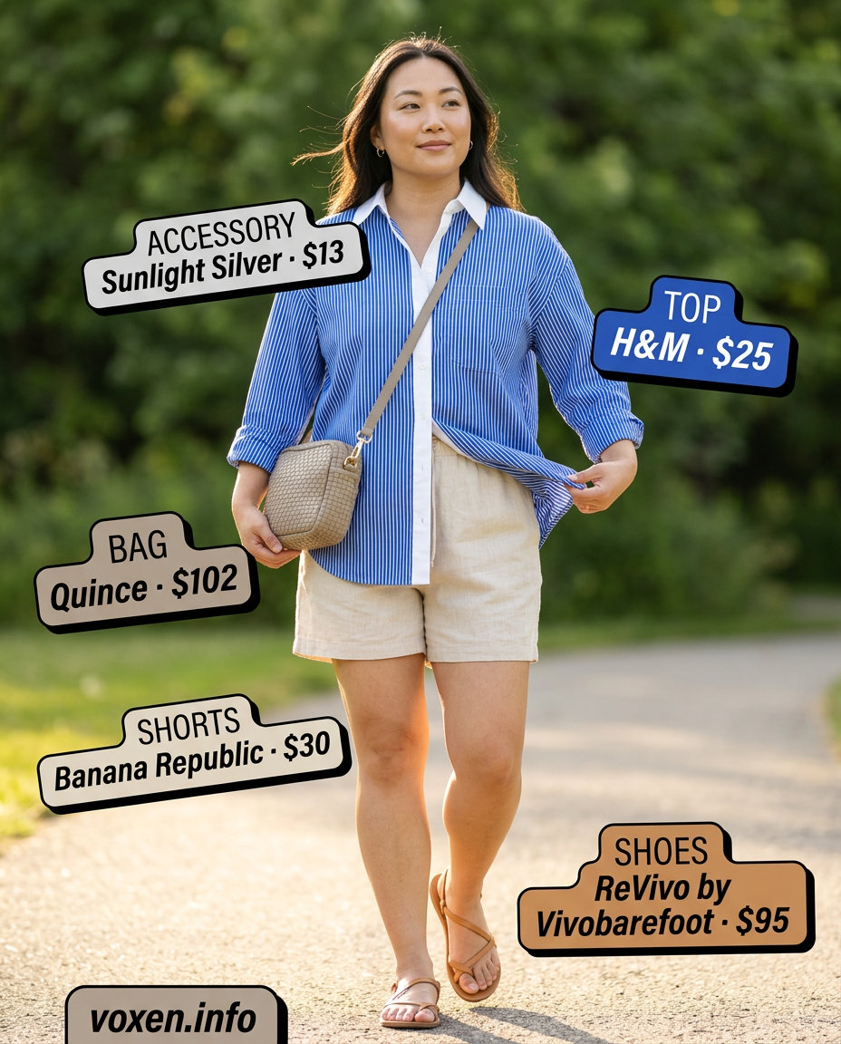 Summer outfits for women with Hourglass Shape 2026: Linen shorts, striped oversized shirt, leather sandals.