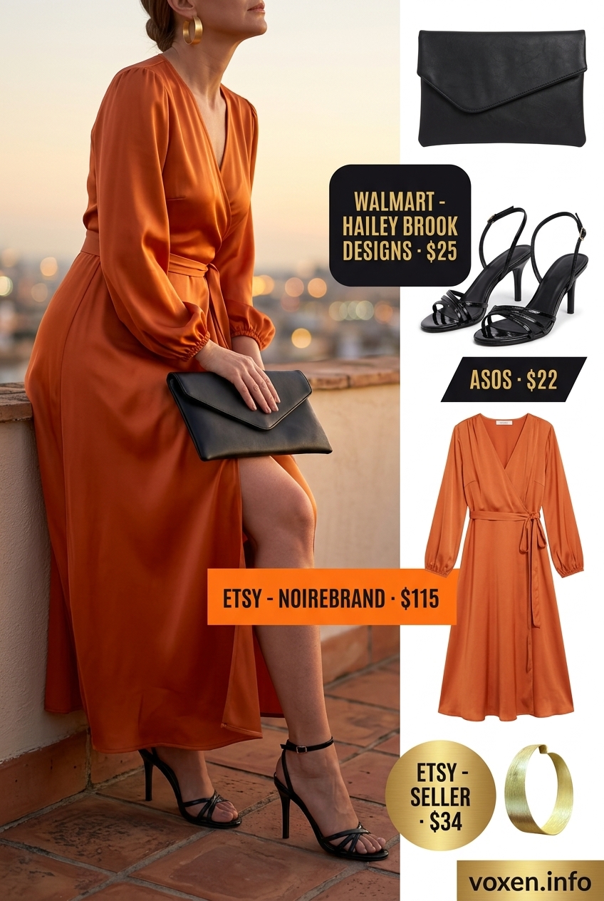 Summer outfits for women with hourglass shape 2026: Mango orange wrap dress for evening events, paired with gold earrings and black heels.