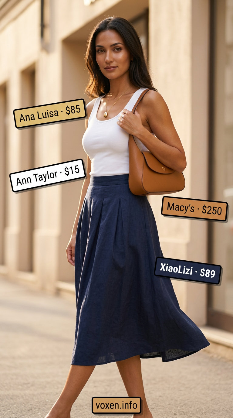 Summer outfits for women with hourglass shape 2026: Navy A-line midi skirt for smart casual, with white tank and ballet flats.