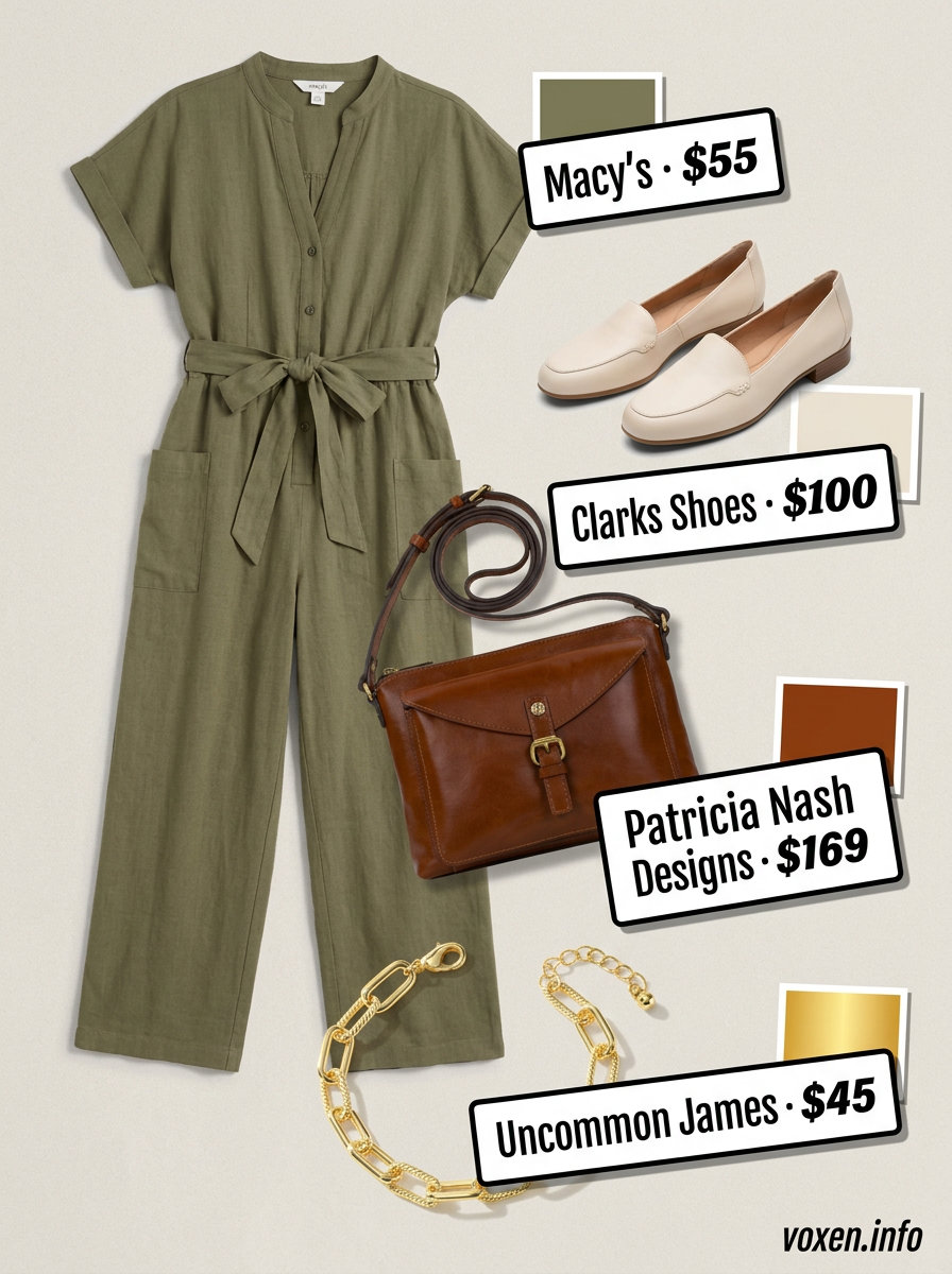Summer outfits for women with Hourglass Shape 2026: Olive green wide-leg jumpsuit, cream loafers, gold jewelry.