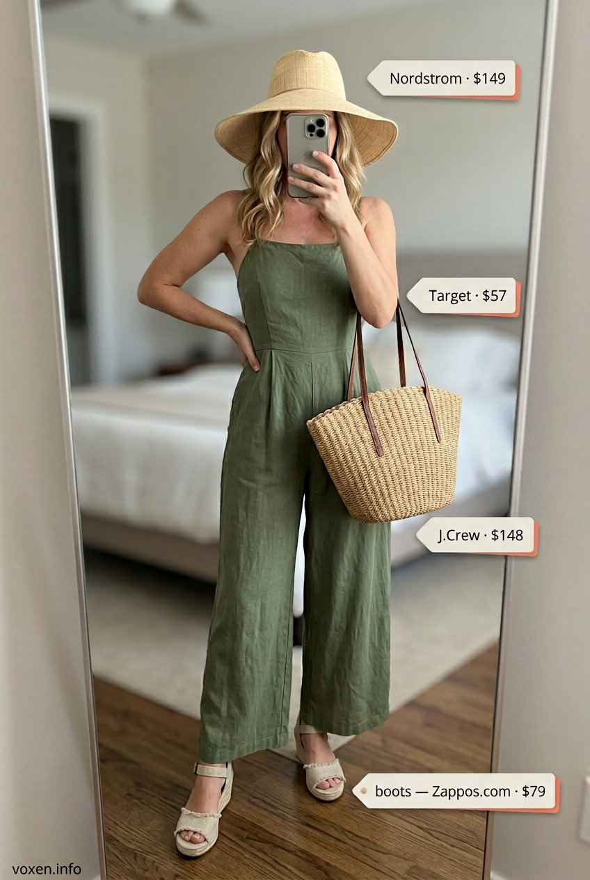 Summer outfits for women with hourglass shape 2026: Olive green linen jumpsuit for beach days, with straw hat and espadrilles.
