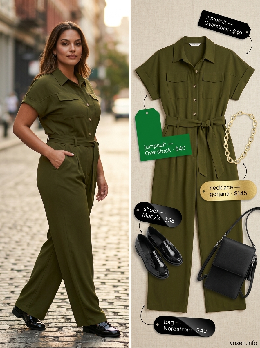 Summer outfits for women with Hourglass Shape 2026: Olive utility jumpsuit, black loafers, gold necklace.