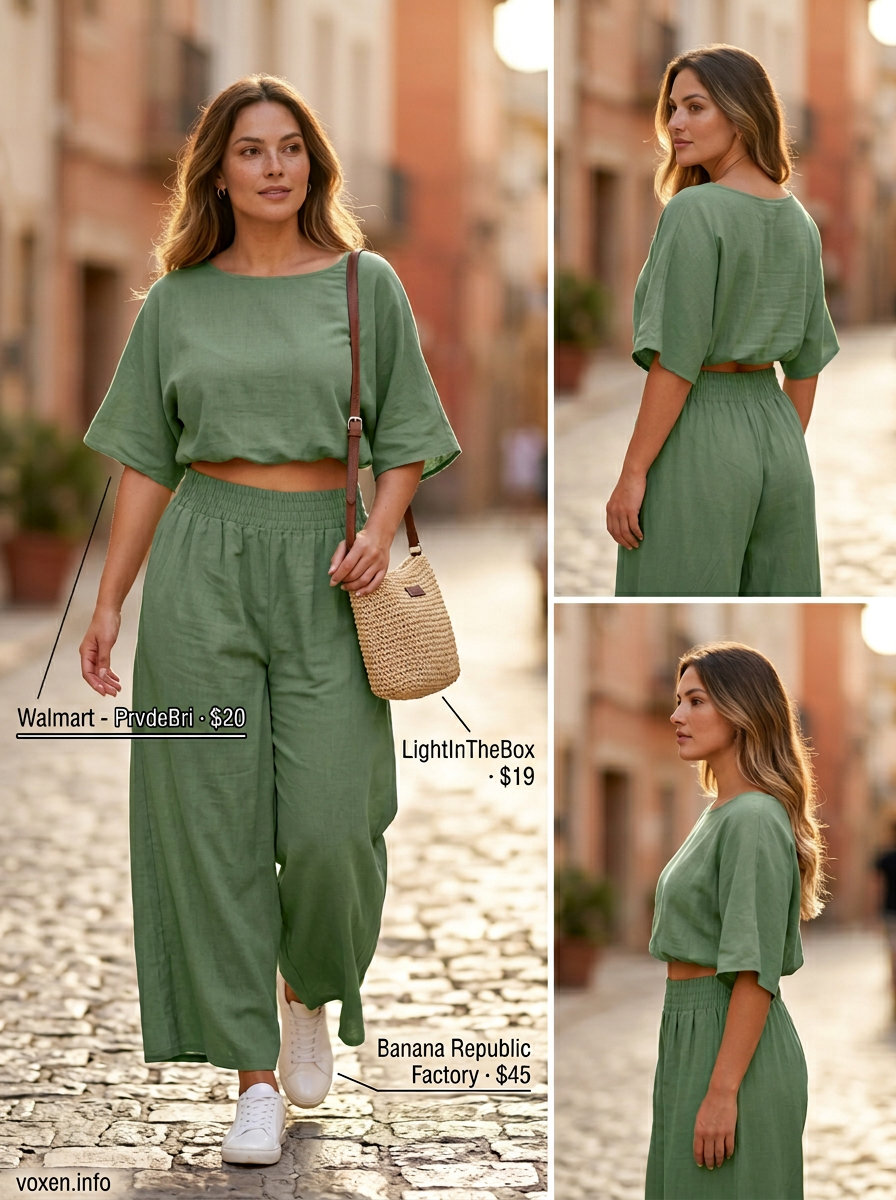 Summer outfits for women with hourglass shape 2026: Sage green linen set for brunch, with white sneakers and crossbody bag.