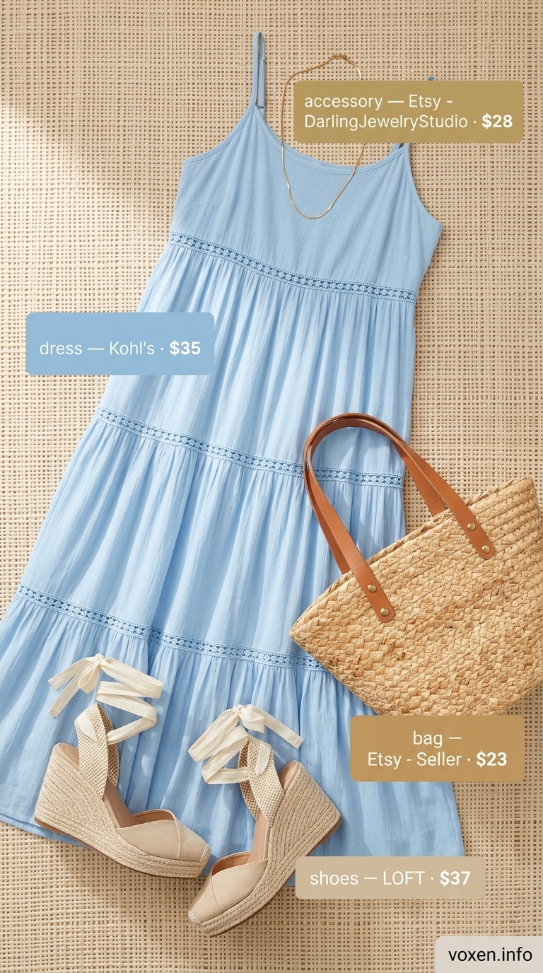 Summer outfits for women with Hourglass Shape 2026: Sky blue maxi dress, espadrille wedges, layered necklaces.