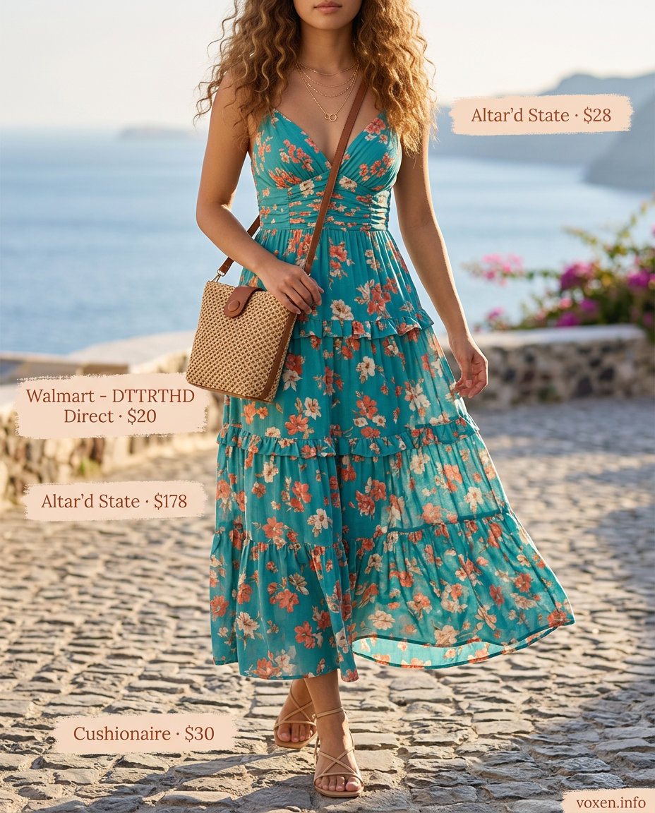 Summer outfits for women with hourglass shape 2026: Teal floral maxi dress for vacation, with straw clutch and layered necklaces.