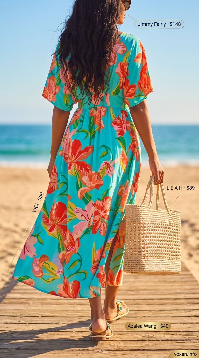 Summer outfits for women with Hourglass Shape 2026: Teal maxi caftan, embellished sandals, straw tote.