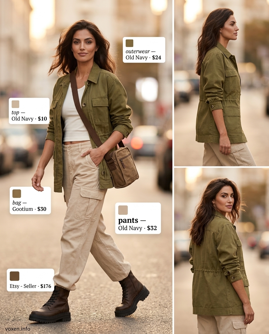 Summer outfits for women with hourglass shape 2026: Khaki cargo pants, white ribbed tank, and olive utility jacket.