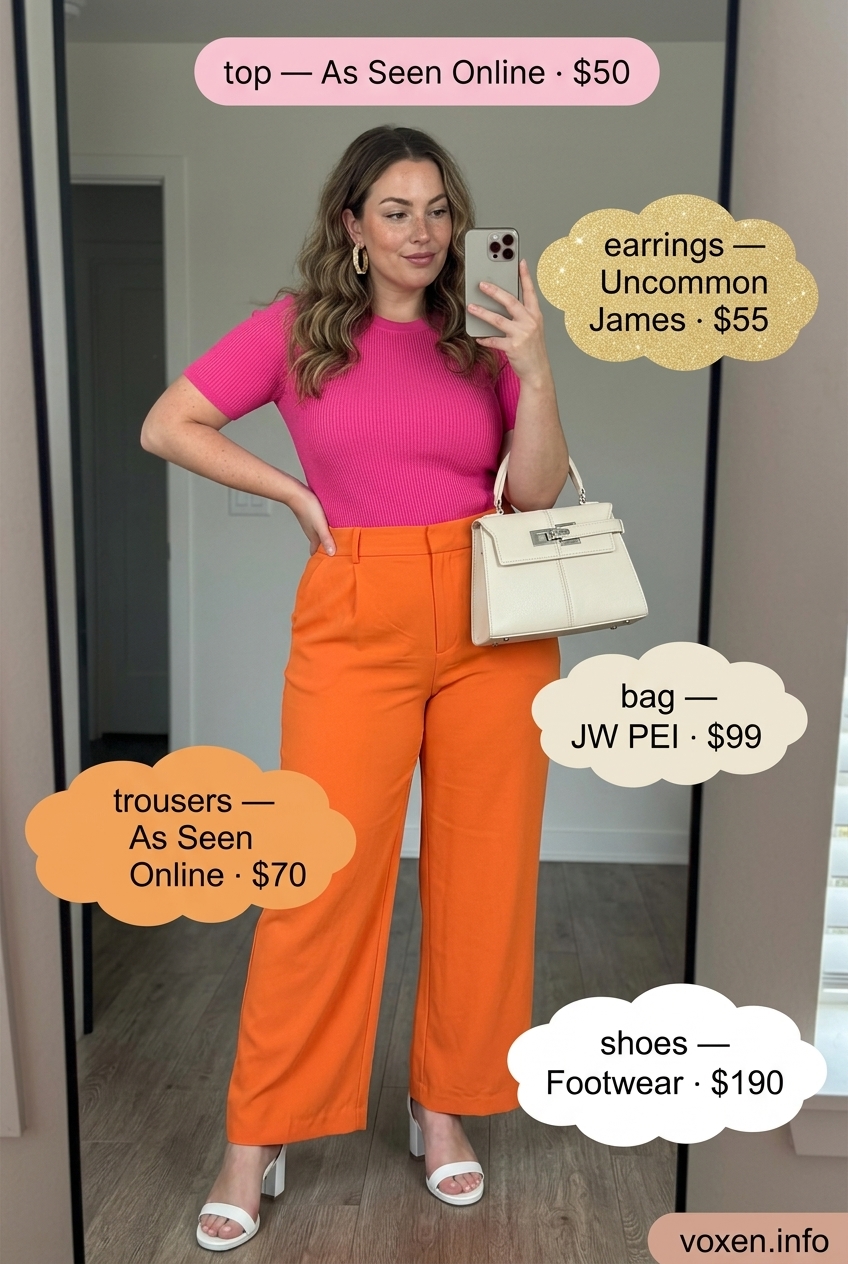 Summer outfits for women with hourglass shape 2026: Hot pink & orange co-ord set with strappy heels.