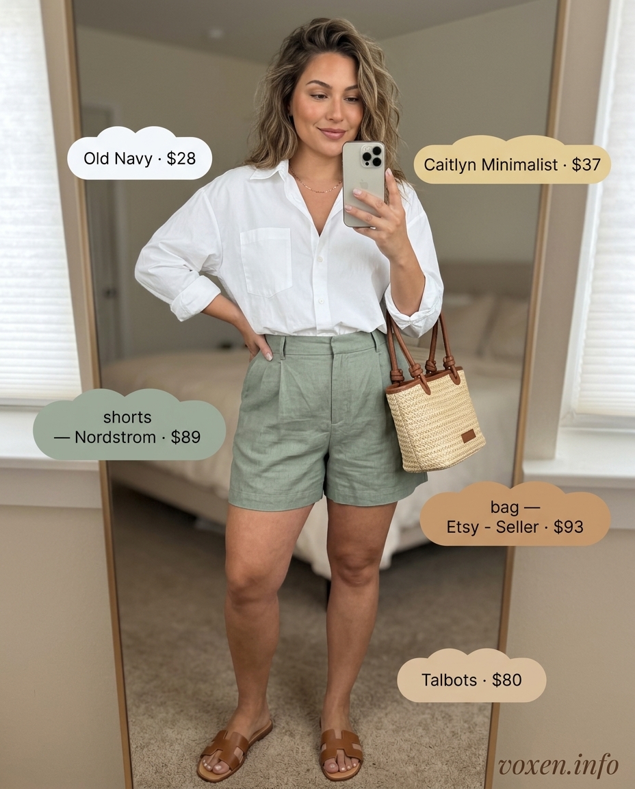 Summer outfits for women with hourglass shape 2026: Sage green linen shorts & white oversized shirt for casual outings.