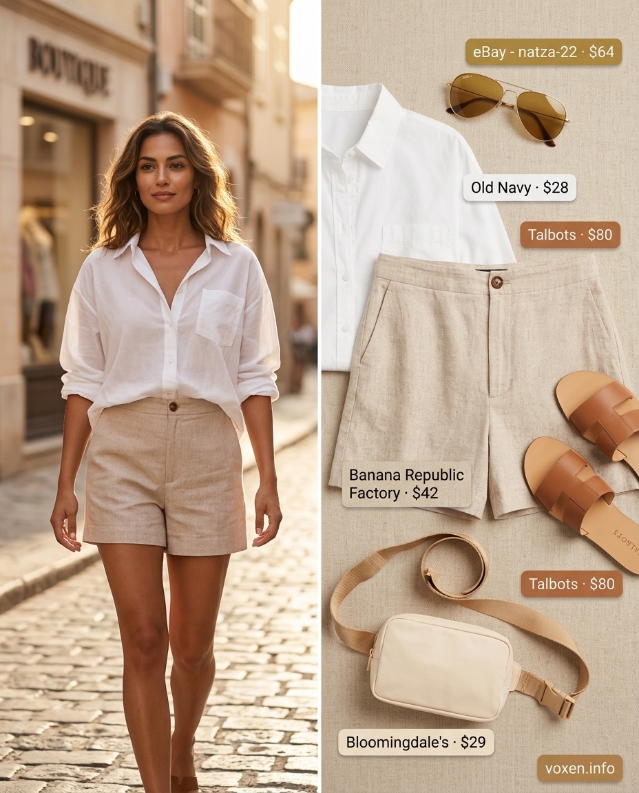 Summer outfits for women with hourglass shape 2026: Natural linen shorts with an oversized white button-down shirt.