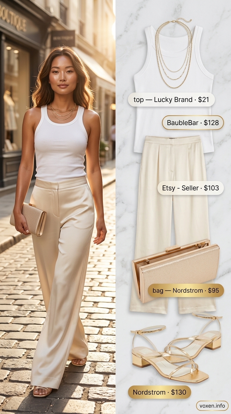 Summer outfits for women with hourglass shape 2026: Cream palazzo pants with fitted ivory knit top.