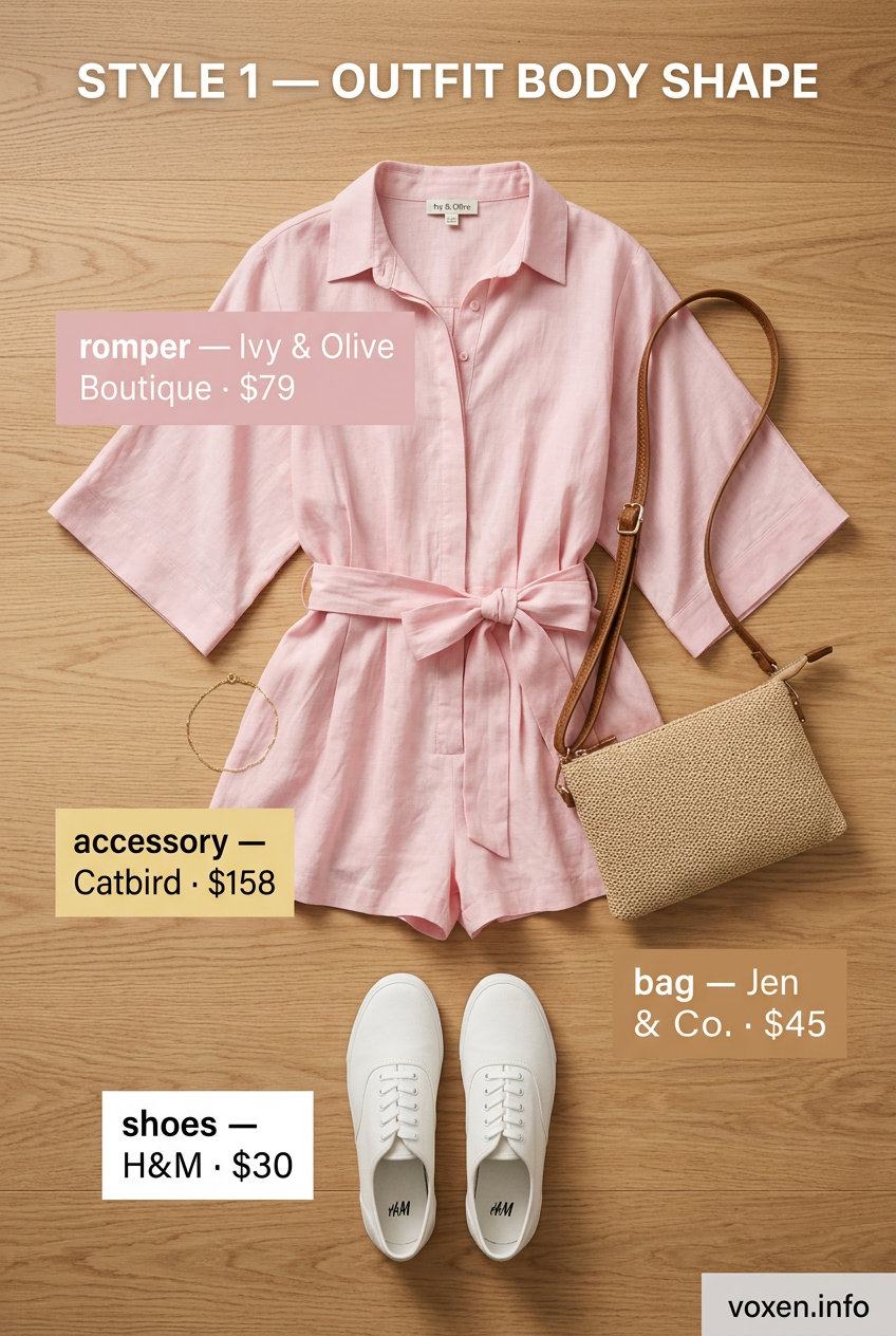 Summer outfits for women with hourglass shape 2026: Blush pink linen romper with white sneakers.