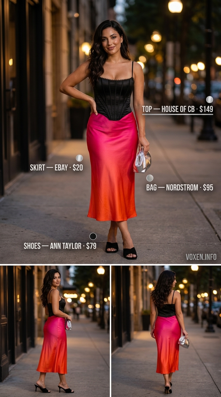 Summer outfits for women with hourglass shape 2026: Sunset ombre slip skirt with black corset top.