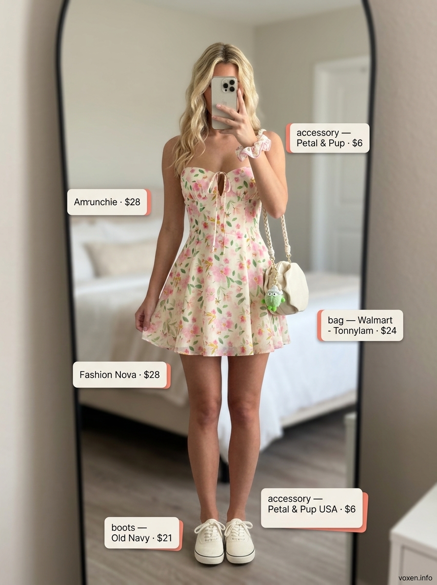 Summer outfits for women with hourglass shape 2026: Blush pink floral mini sundress with white sneakers.
