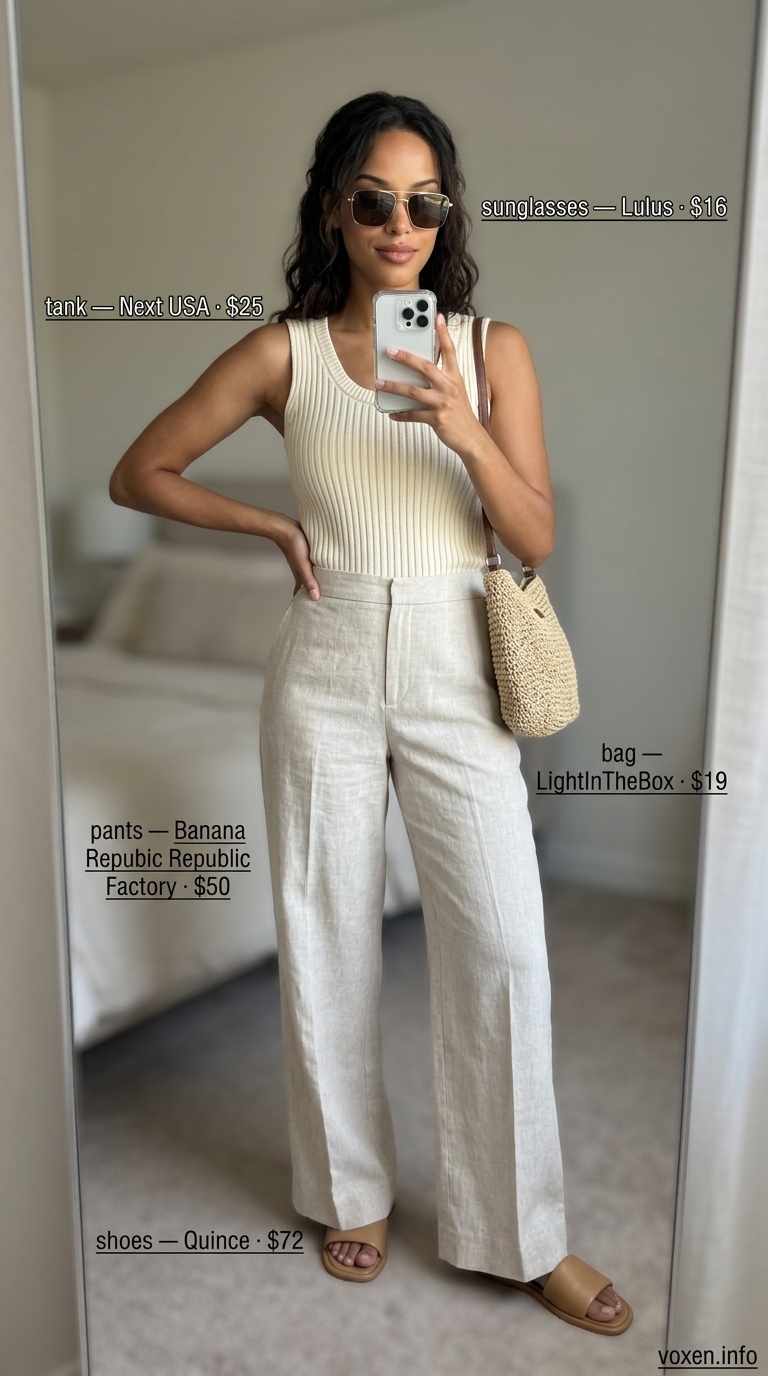 Summer outfits for women with hourglass shape 2026: Cream wide-leg linen pants with tan ribbed knit top.