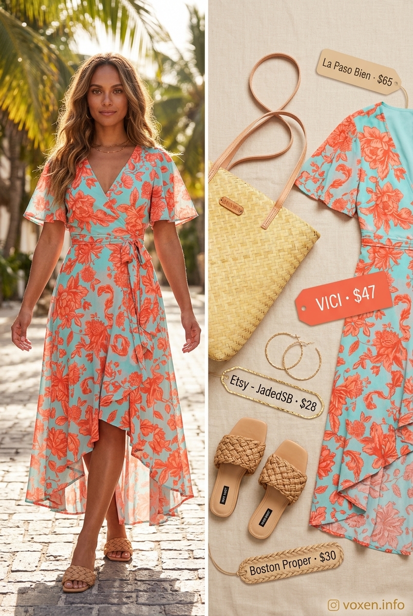 Summer outfits for women with hourglass shape 2026: Coral & teal floral wrap dress with leather slides.