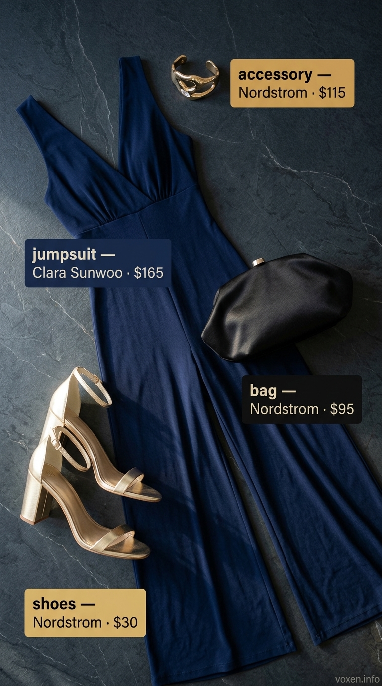 Summer outfits for women with olive skin tone 2026: Navy jumpsuit, gold sandals, black clutch, gold bracelet.