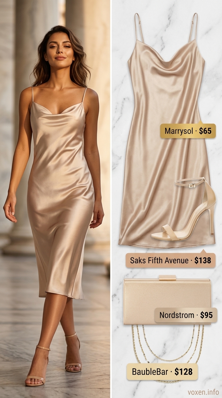 Summer outfits for women with olive skin tone 2026: Champagne satin slip dress, nude heels, gold clutch.